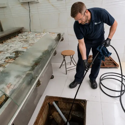 Technician feeding a high pressure hydro jetting hose into an open floor drain in a Dubai commercial kitchen