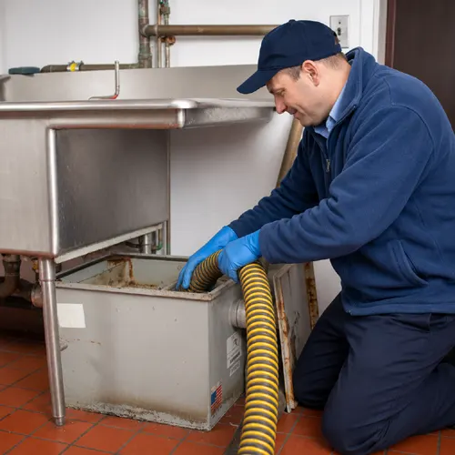 Technician pumping out an under sink grease trap in a Dubai restaurant kitchen with a sealed extraction hose
