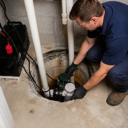 Technician servicing submersible pumps inside an open basement sump pit in a Dubai building