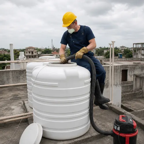 Technician in mask and gloves cleaning a white rooftop water storage tank on a Dubai building